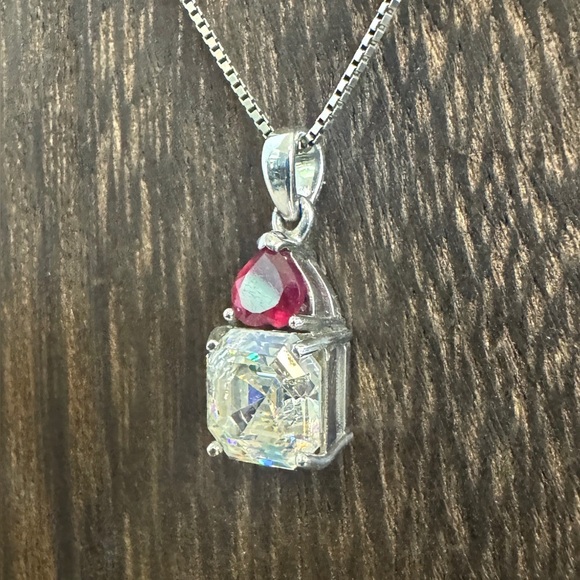 Vintage BBJ Strontium Titanate & Ruby Rhodium Over Sterling Pendant Necklace - Picture 7 of 11